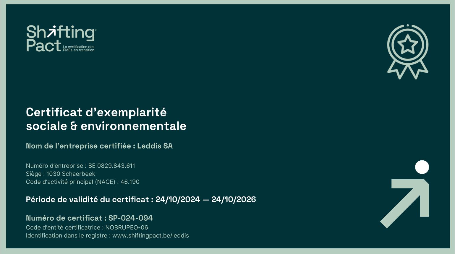 Certification ShiftingPact obtenue par Leddis